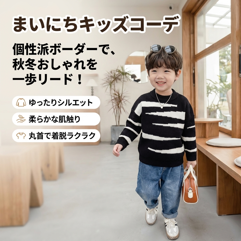 キッズファッション 男の子用ゆったりボーダー柄長袖丸首セーター - 商品イメージ