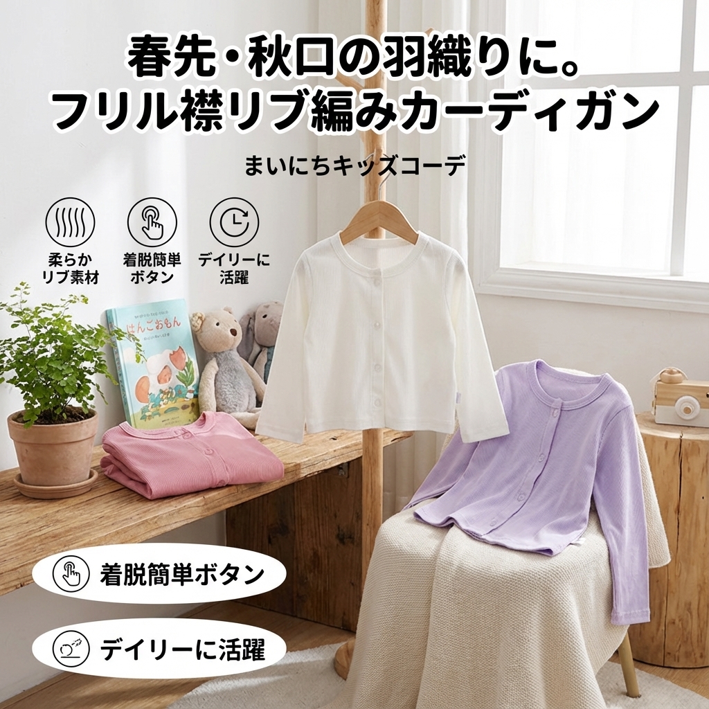 キッズファッション 女の子用フリル襟リブ編みカーディガンシャツ - 商品イメージ