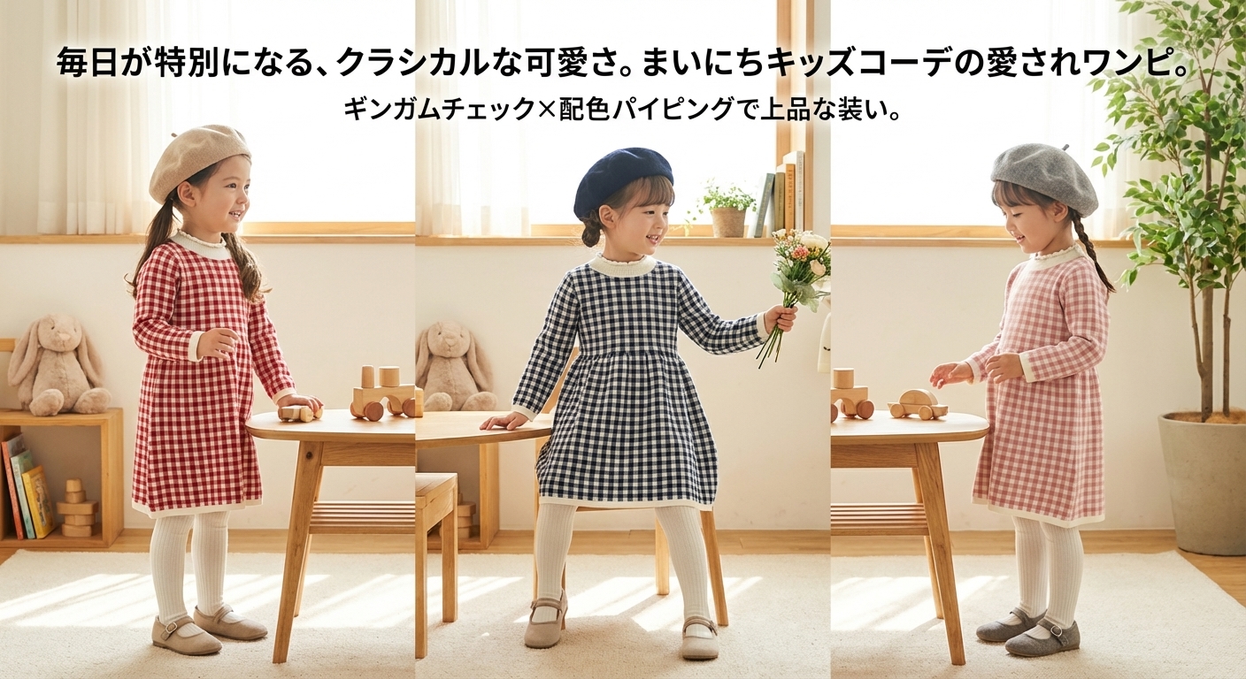 キッズファッション ギンガムチェック柄長袖配色パイピングワンピース - 商品イメージ