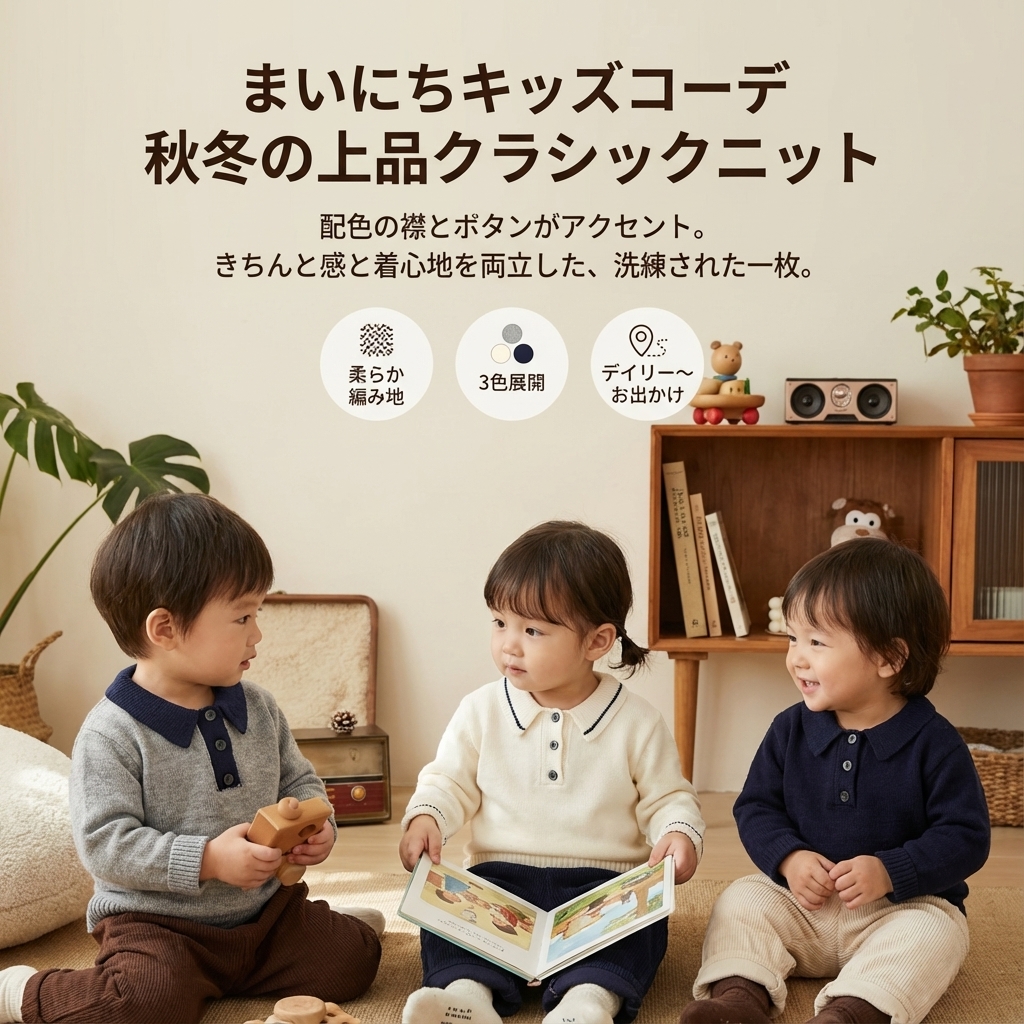 キッズファッション 配色襟ボタン付き長袖ニットトップス - 商品イメージ