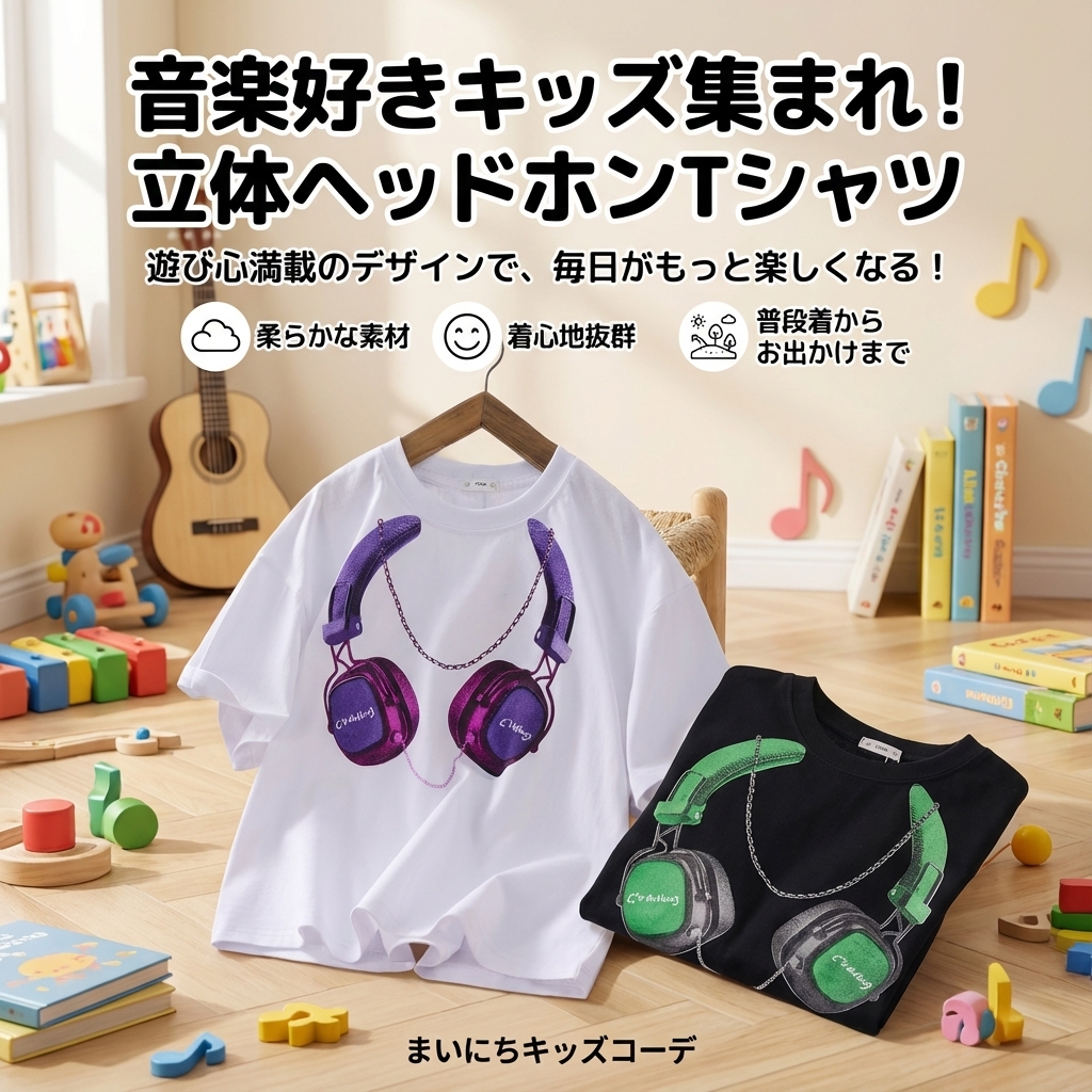 キッズファッション 音楽好きキッズのヘッドホンプリント半袖Tシャツ - 商品イメージ