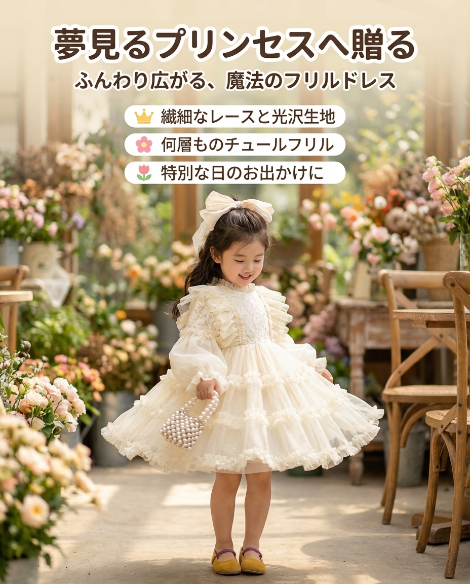 キッズファッション ふんわりフリル重ね長袖プリンセスワンピース - 商品イメージ