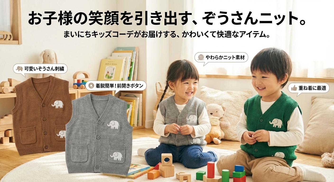 キッズファッション ぞうさん刺繍の袖なしニットカーディガン - 商品イメージ