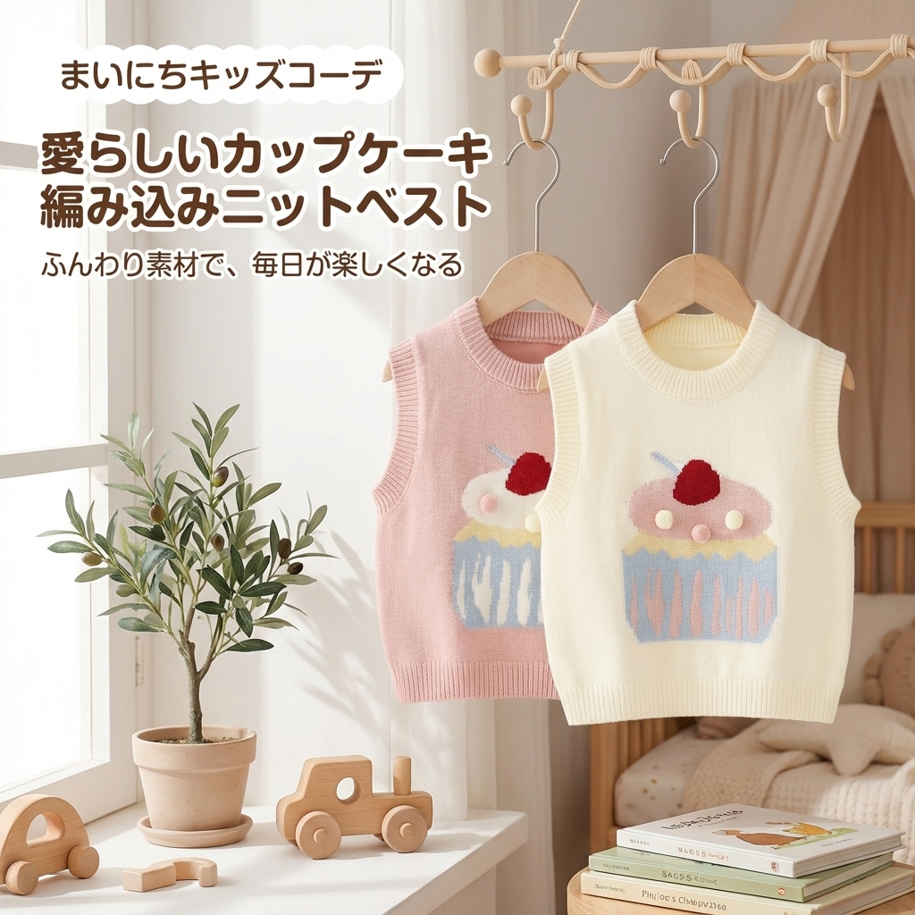 キッズファッション 甘いカップケーキ編み込み袖なしニットベスト - 商品イメージ
