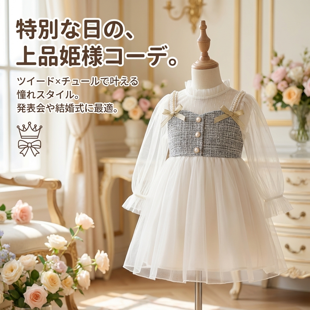 キッズファッション 透け感チュール袖ツイード切り替え上品姫様ワンピース - 商品イメージ