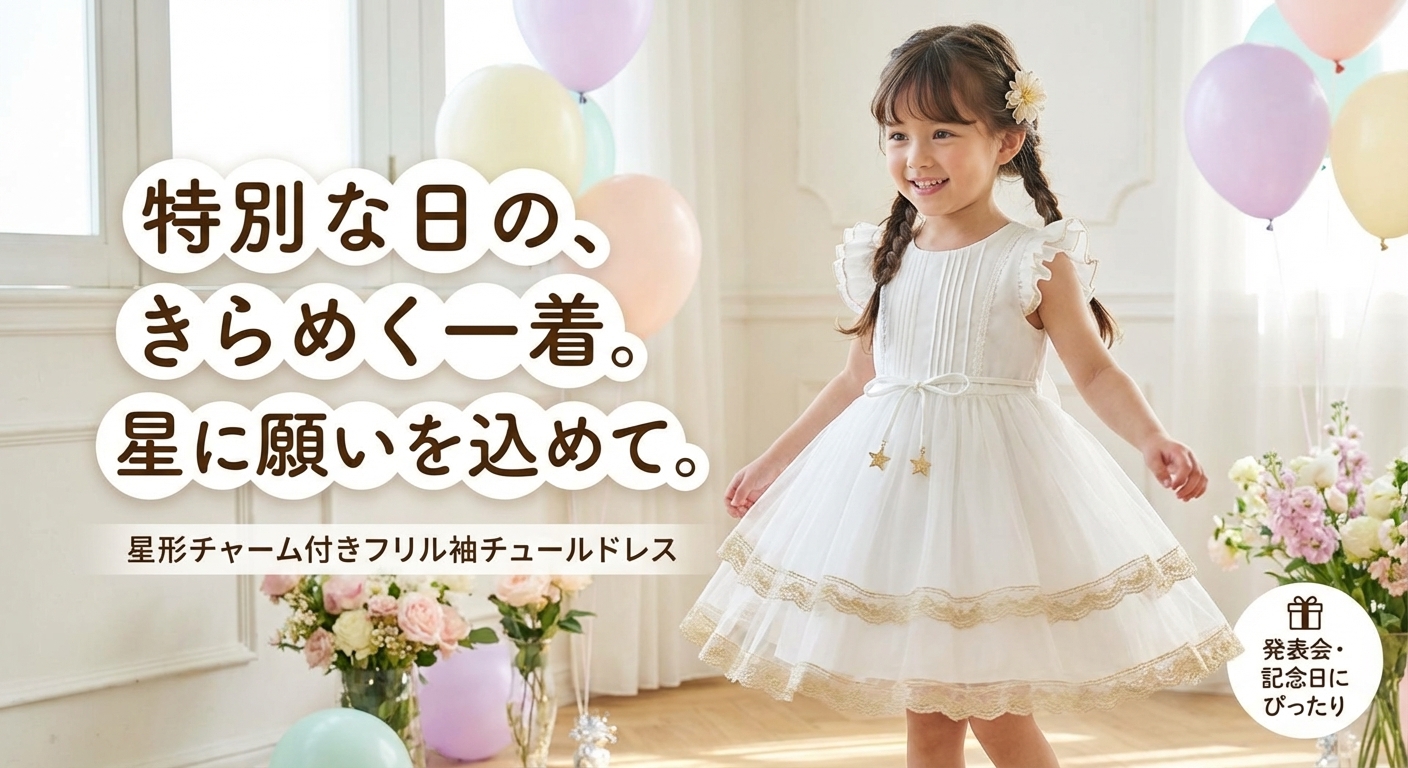 キッズファッション 星形チャーム付きフリル袖チュールドレス - 商品イメージ