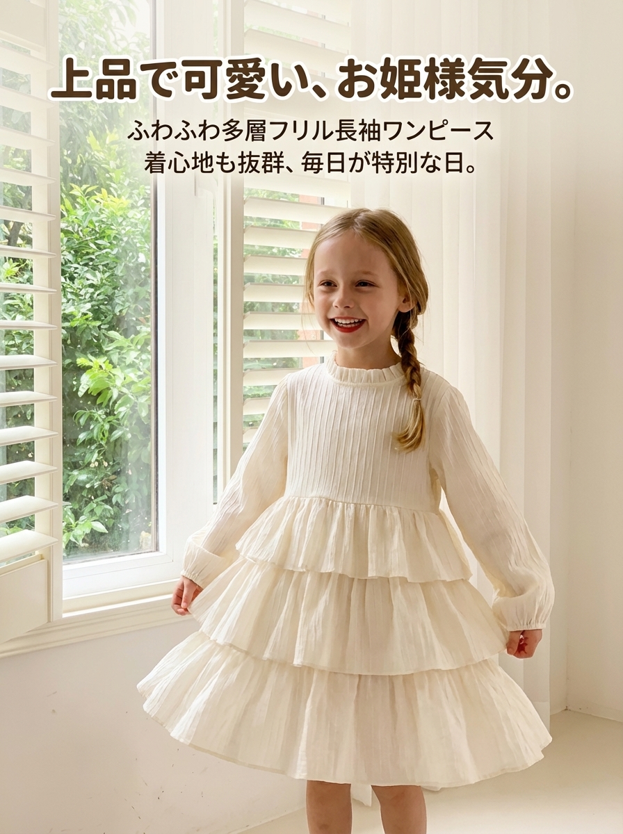 キッズファッション ふわふわ多層フリル長袖ワンピース - 商品イメージ