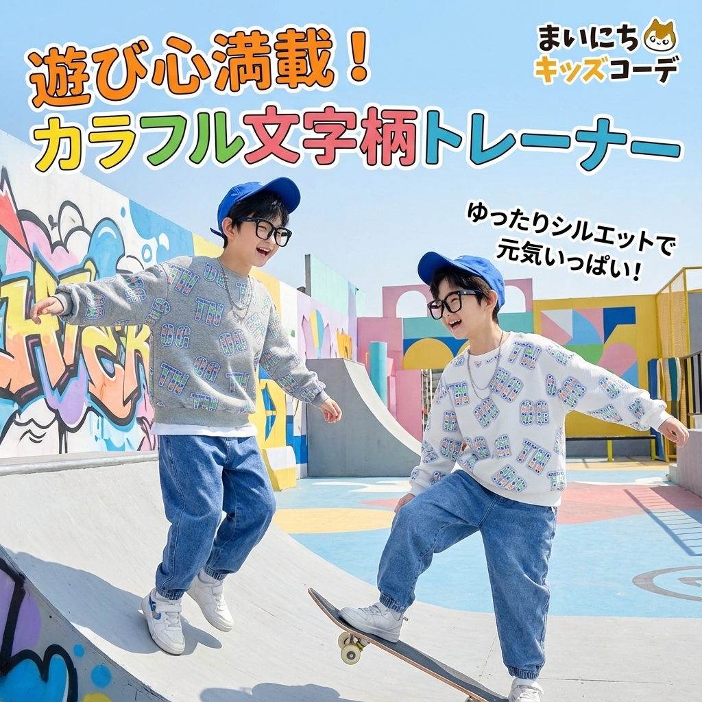 キッズファッション カラフル文字柄プリント長袖トレーナー - 商品イメージ