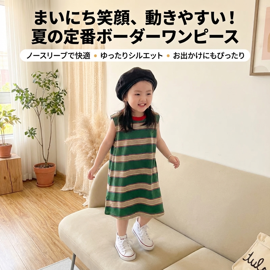 キッズファッション ボーダー柄ノースリーブワンピース - 商品イメージ