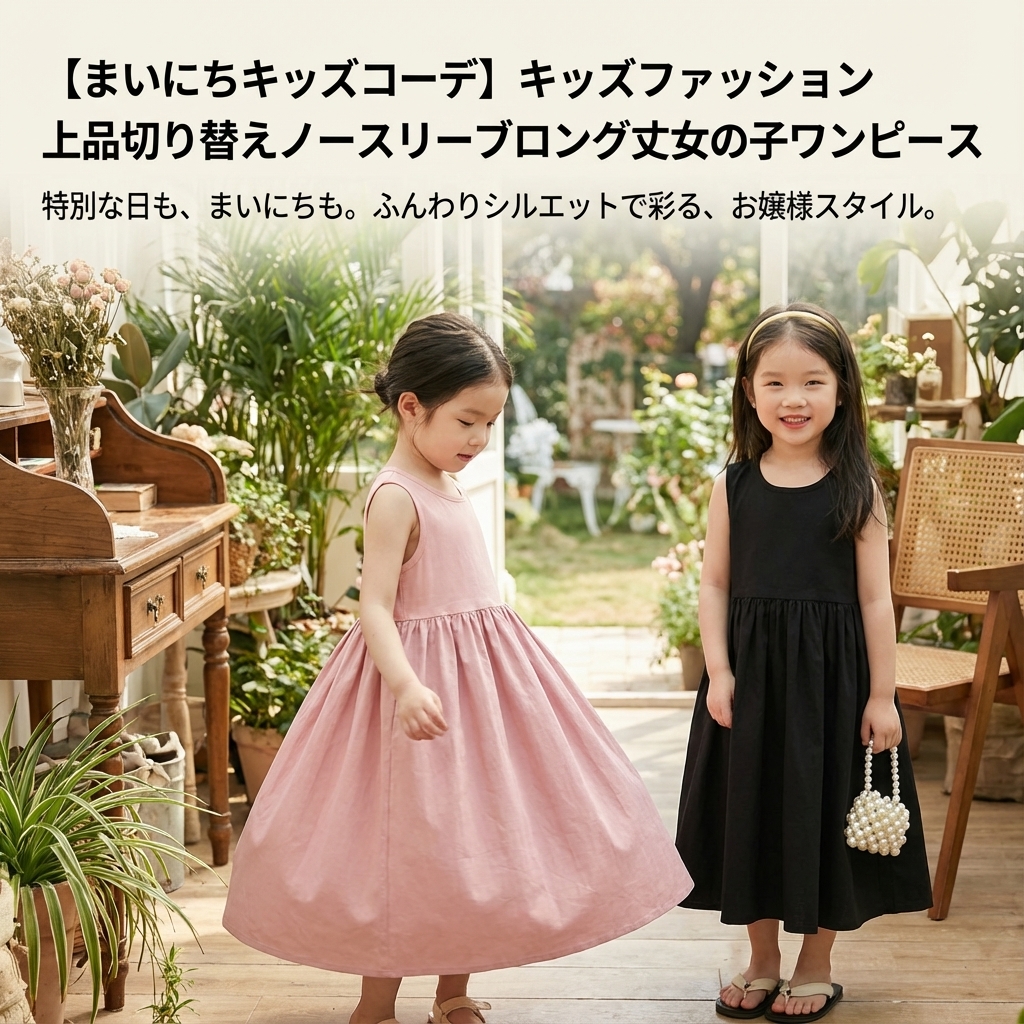 キッズファッション 上品切り替えノースリーブロング丈女の子ワンピース - 商品イメージ