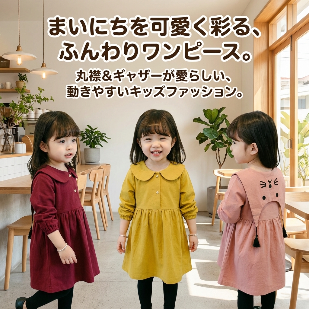 キッズファッション 丸襟長袖ふんわりワンピース - 商品イメージ