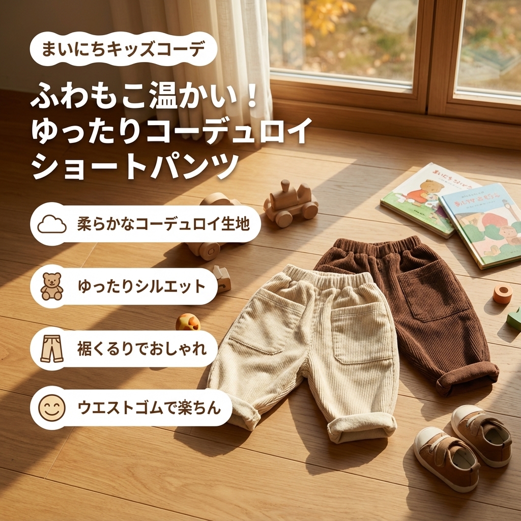 キッズファッション ふわもこコーデュロイ生地のゆったりショートパンツ - 商品イメージ