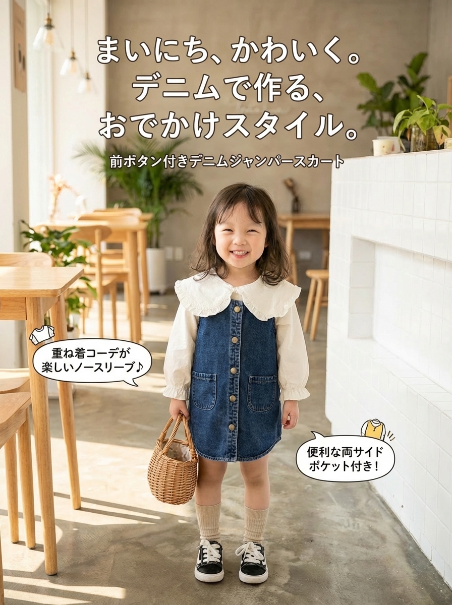キッズファッション 前ボタン付きデニムジャンパースカート - 商品イメージ