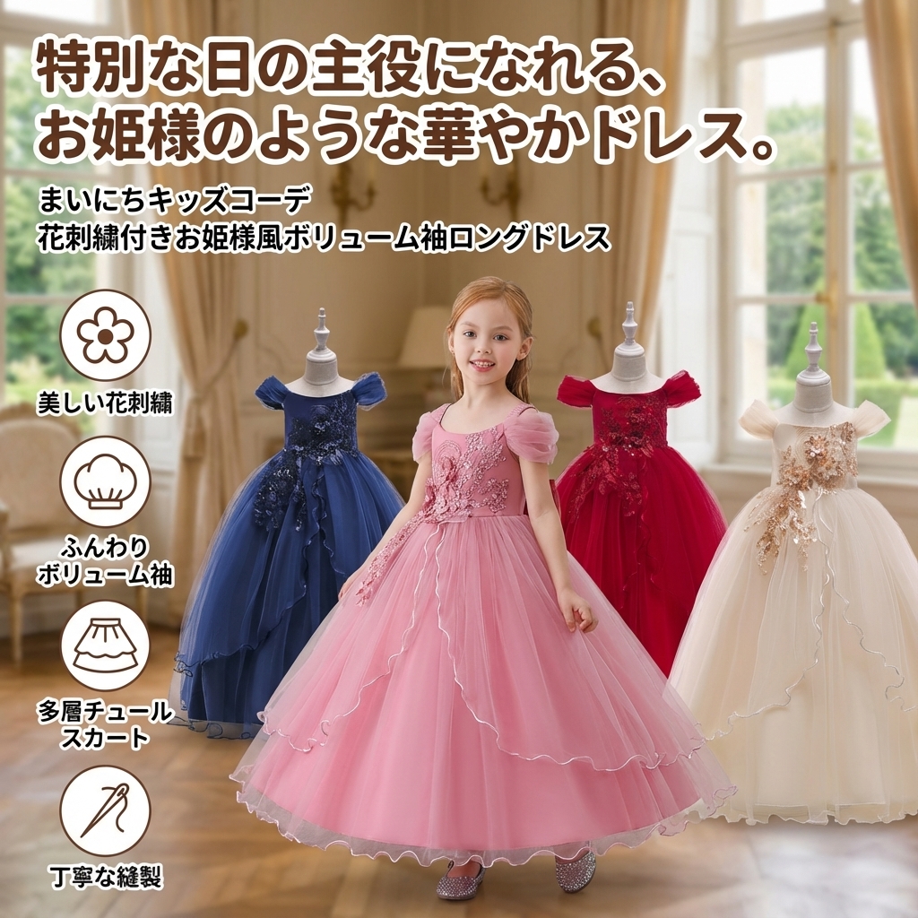キッズファッション 花刺繍付きお姫様風ボリューム袖ロングドレス - 商品イメージ