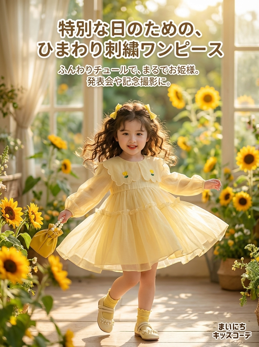 キッズファッション ひまわり刺繍つき丸襟チュール重ねワンピース - 商品イメージ