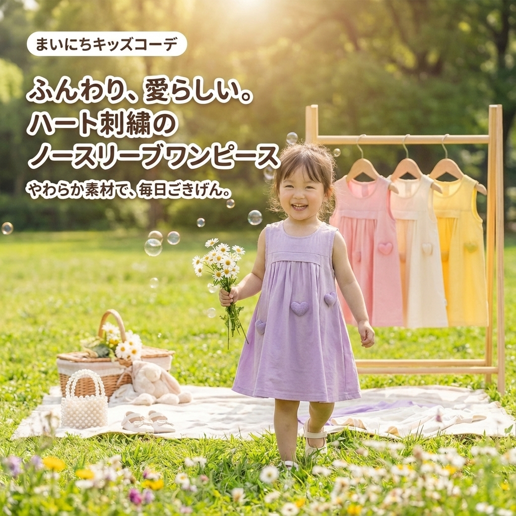 キッズファッション 愛らしいハート刺繍のノースリーブワンピース - 商品イメージ