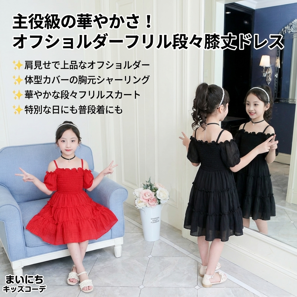 キッズファッション オフショルダーフリル段々膝丈ドレス - 商品イメージ