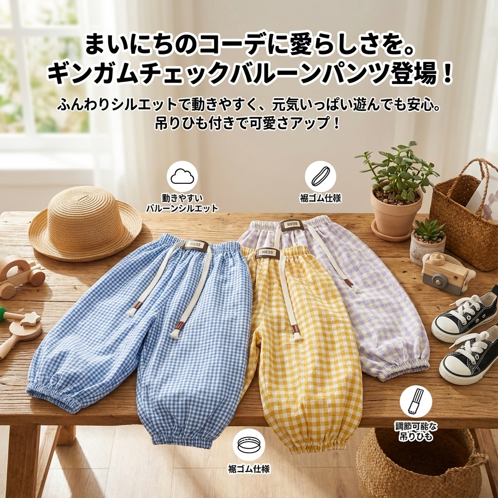 キッズファッション ギンガムチェック柄吊りひもバルーンパンツ - 商品イメージ