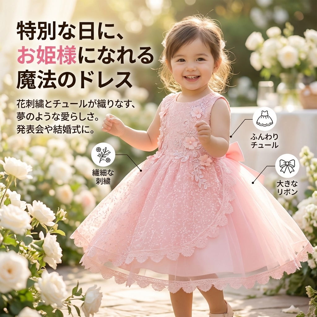 キッズファッション 花刺繍チュール姫様ドレス - 商品イメージ