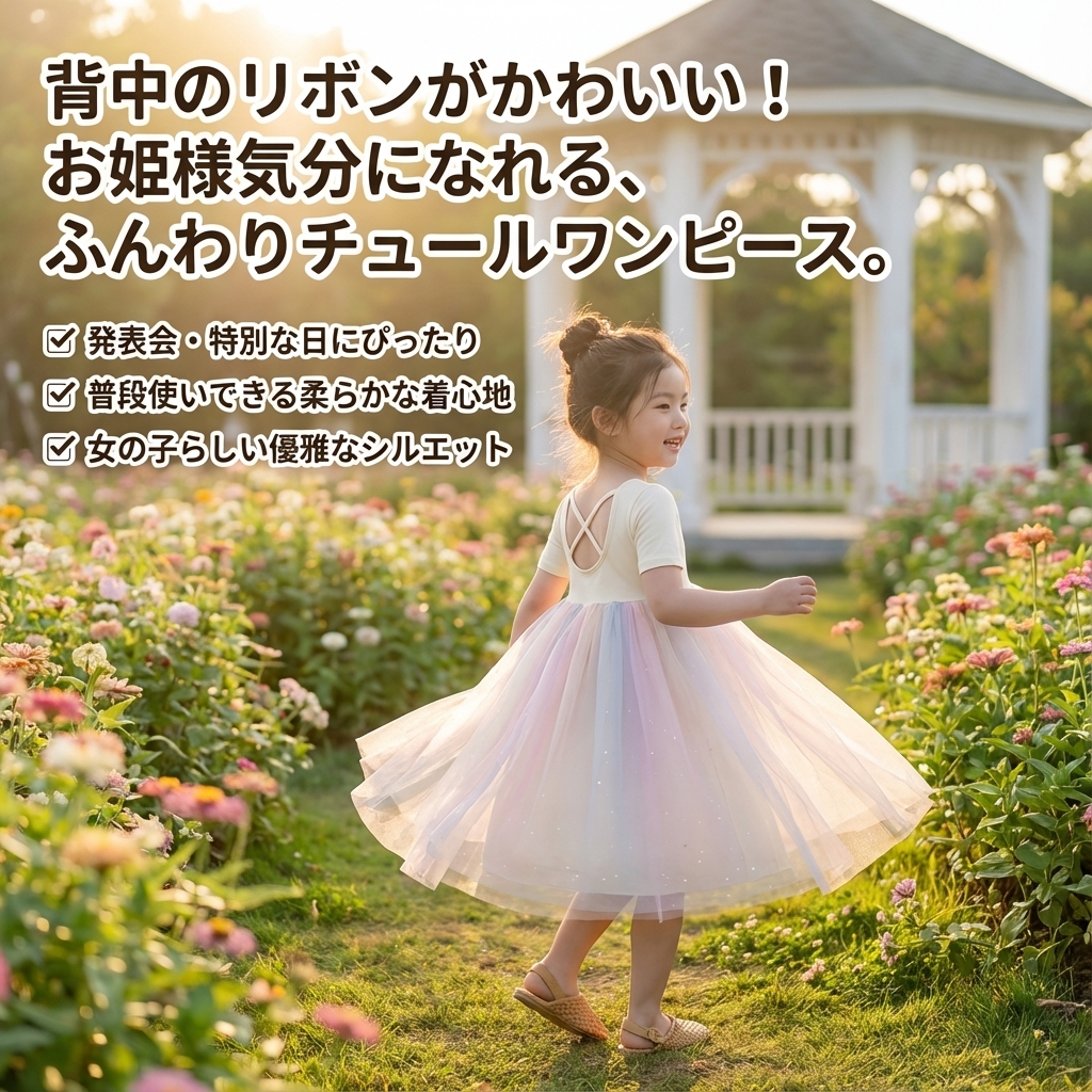 キッズファッション 背中交差ひも付き姫様ふんわりチュールワンピース - 商品イメージ