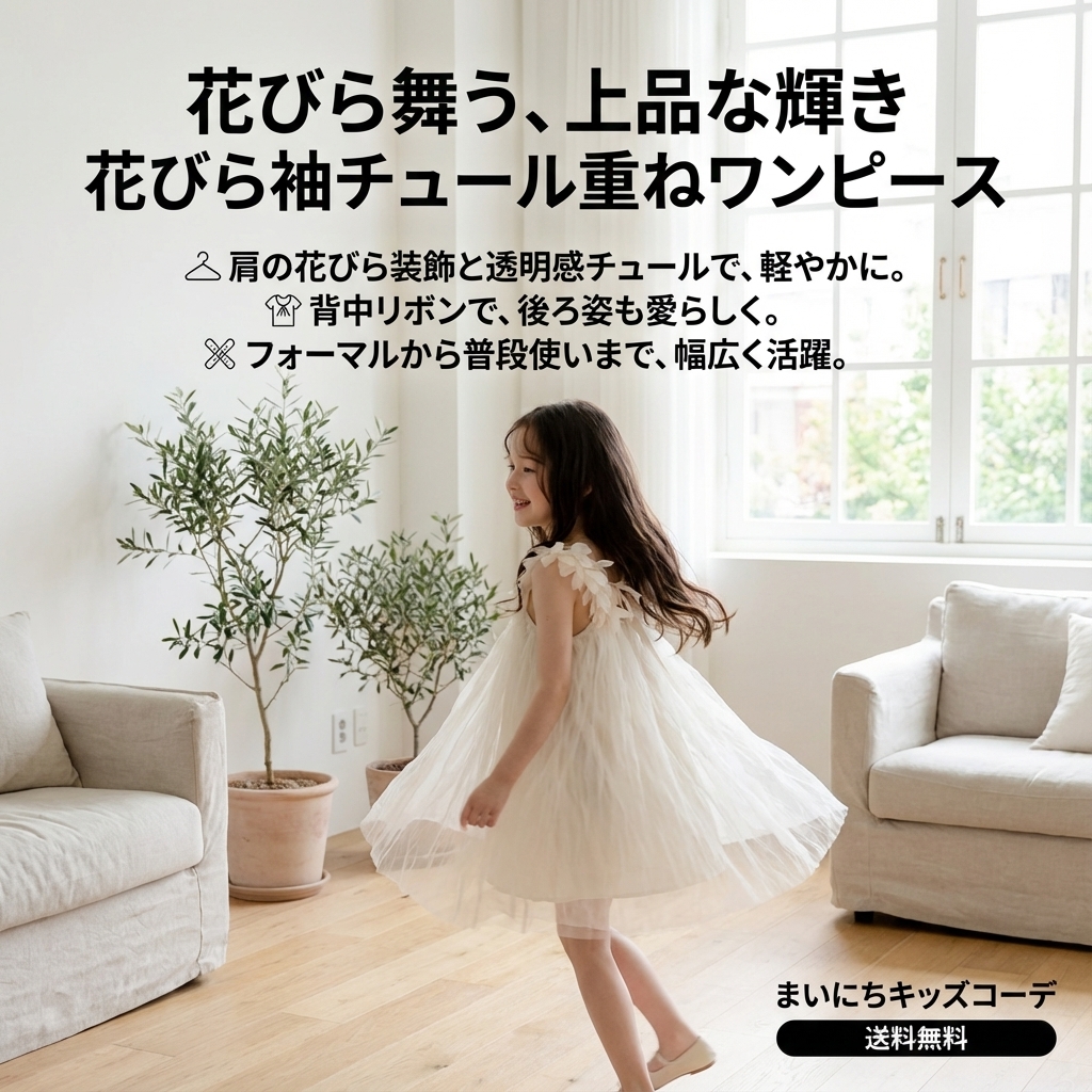 キッズファッション 花びら袖チュール重ねワンピース - 商品イメージ