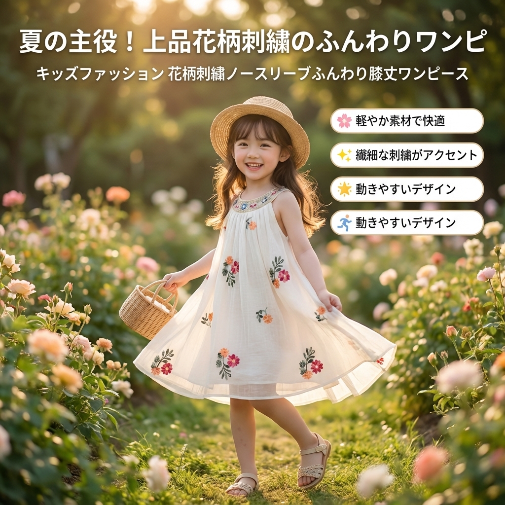 キッズファッション 花柄刺繍ノースリーブふんわり膝丈ワンピース - 商品イメージ