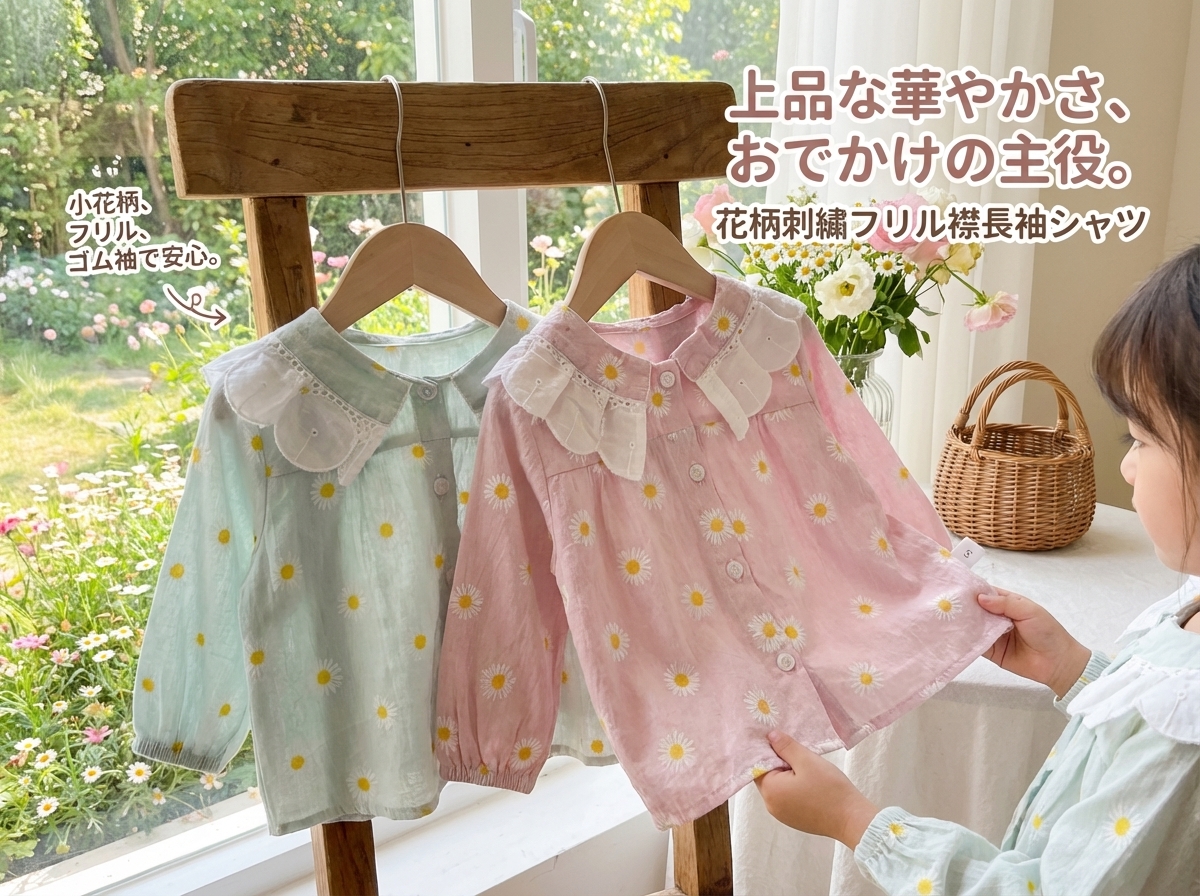 キッズファッション 花柄刺繍フリル襟長袖シャツ - 商品イメージ
