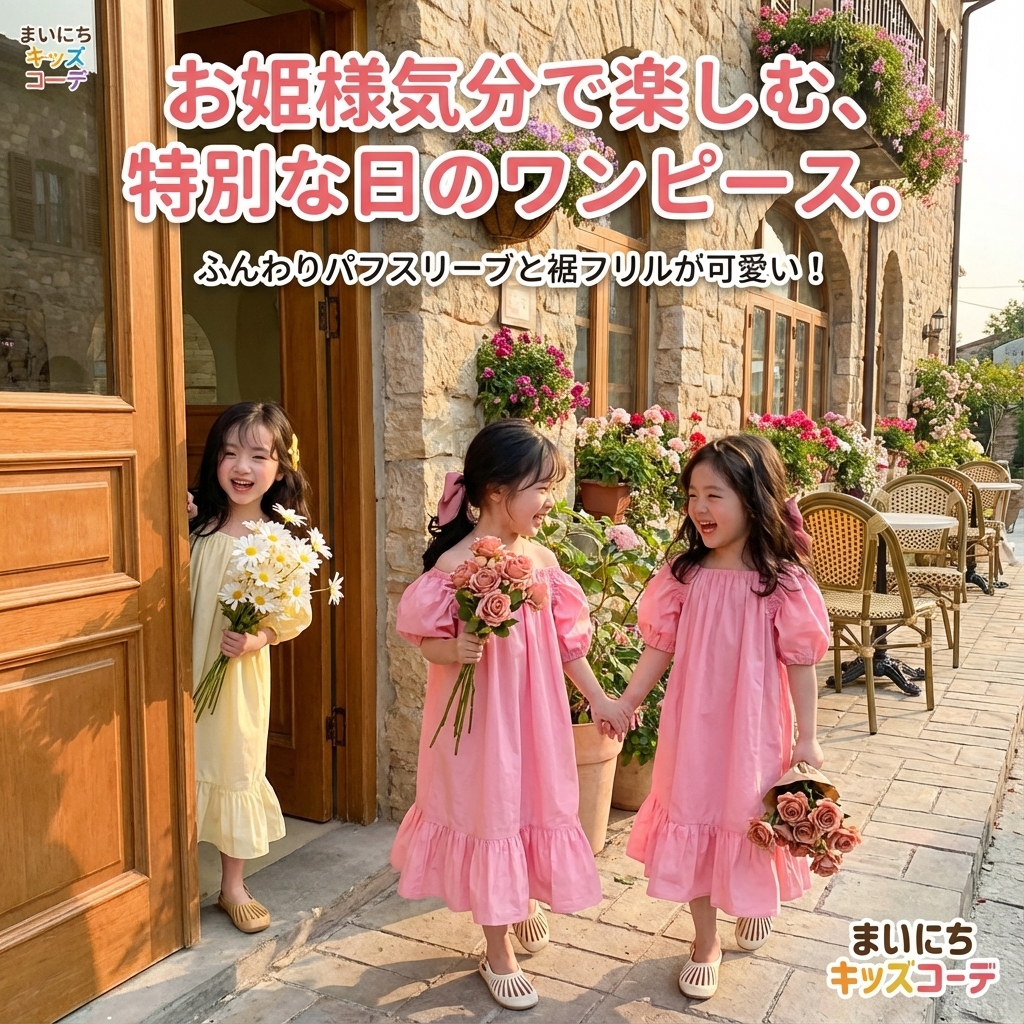 キッズファッション 肩見せパフスリーブ裾フリル姫様ワンピース - 商品イメージ