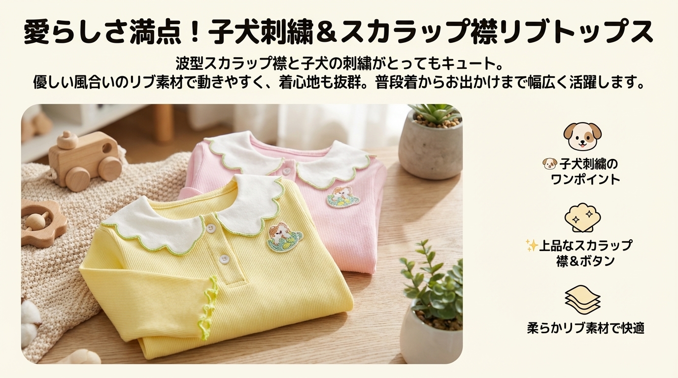 キッズファッション 子犬刺繍つきスカラップ襟長袖トップス - 商品イメージ