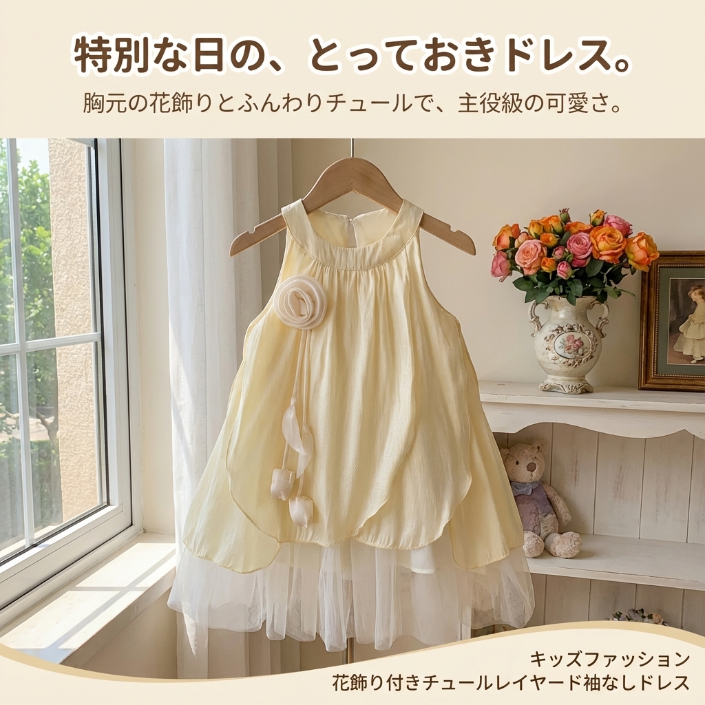 キッズファッション 花飾り付きチュールレイヤード袖なしドレス - 商品イメージ