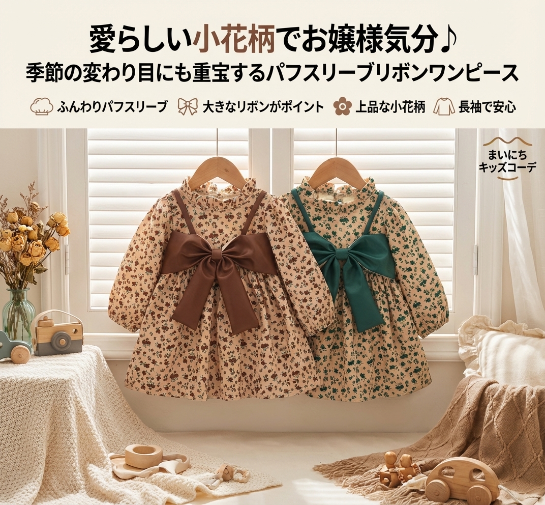 キッズファッション 小花柄パフスリーブリボンワンピース - 商品イメージ