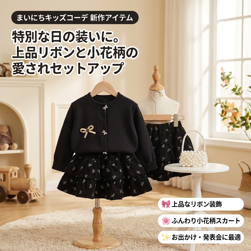 キッズファッション リボン装飾付き丸首カーディガンセット - 商品イメージ