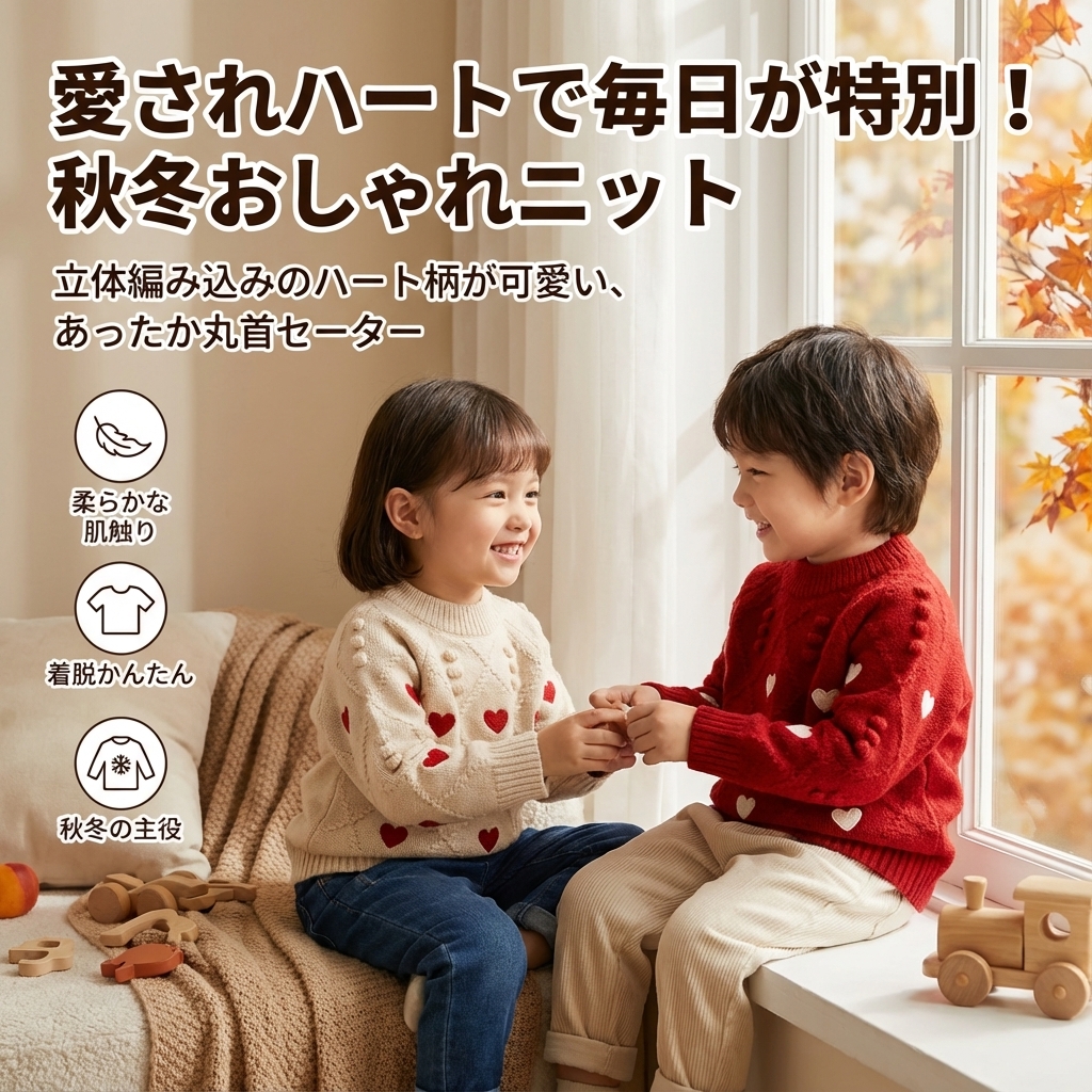 キッズファッション 愛らしいハート模様編み込み丸首長袖トップス - 商品イメージ