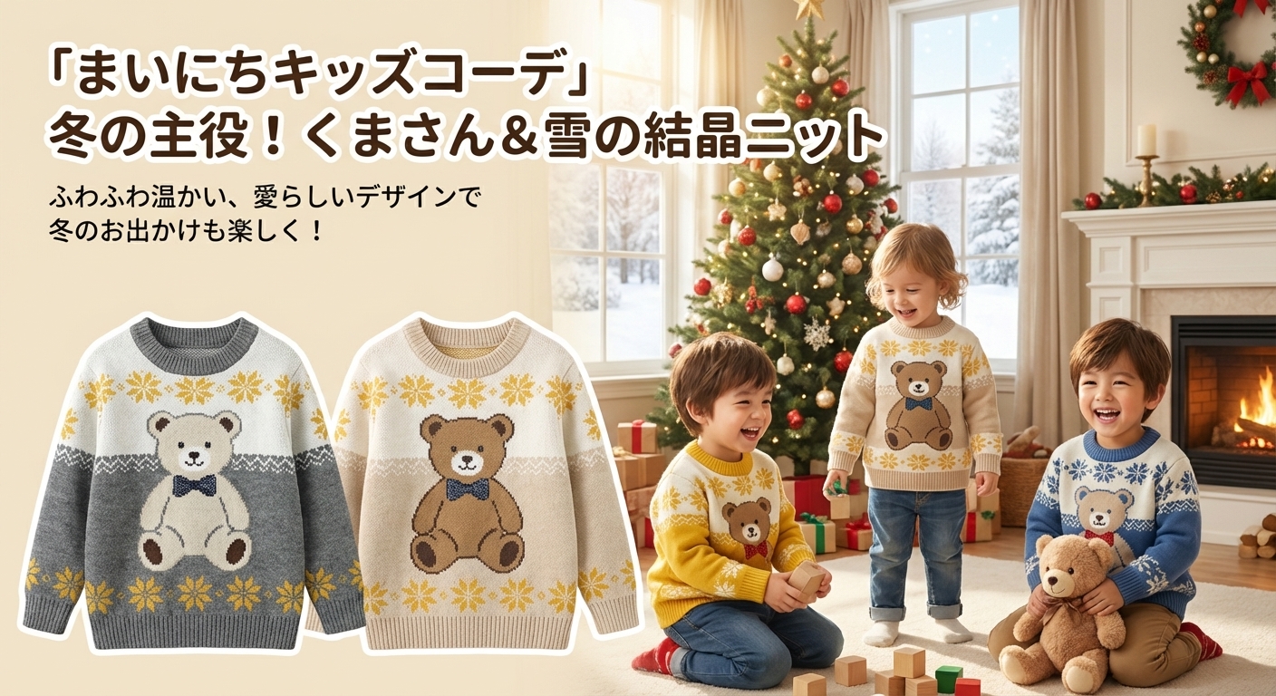 キッズファッション くまさん雪の結晶編み込み丸首長袖セーター - 商品イメージ