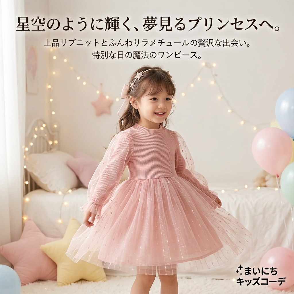 キッズファッション 星空輝く夢見る姫袖ふんわりチュール切替ワンピース - 商品イメージ