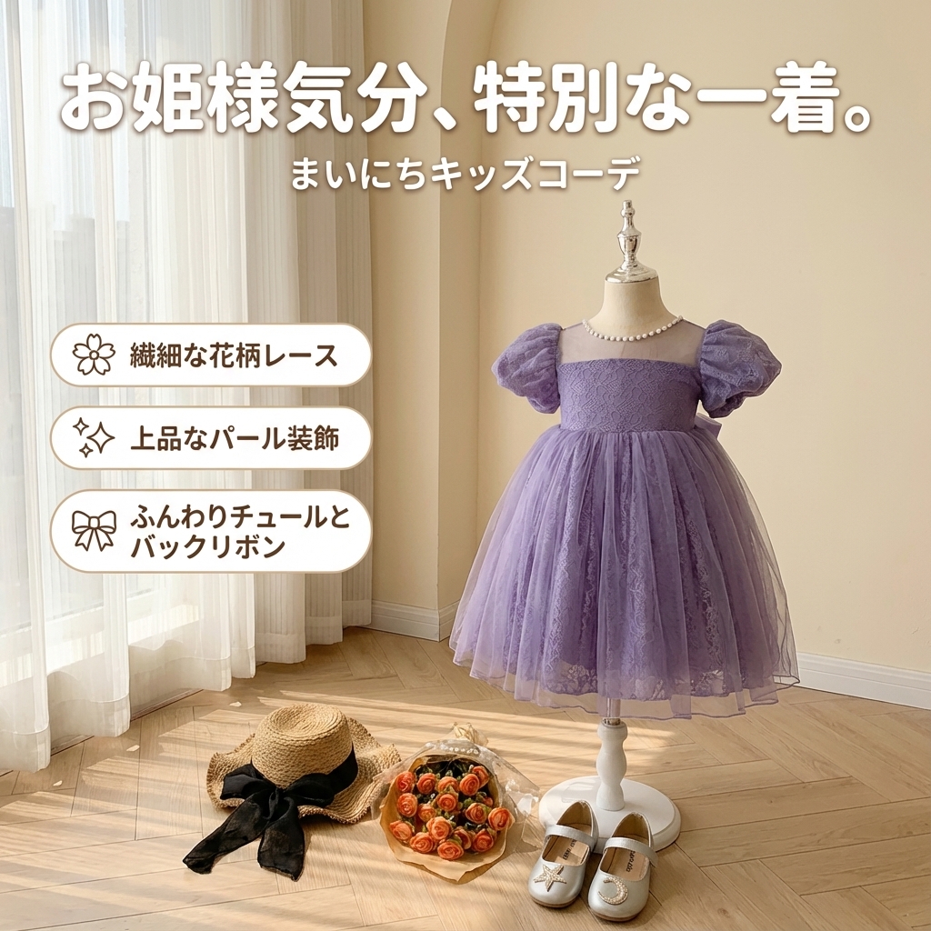 キッズファッション 花柄刺繍チュール袖ふんわりプリンセス風ドレス - 商品イメージ