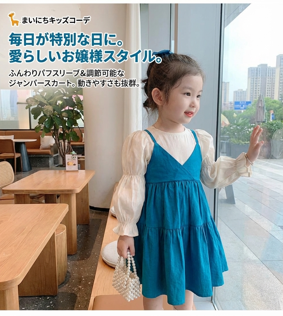 キッズファッション 袖ふんわりジャンパースカート二点セット - 商品イメージ