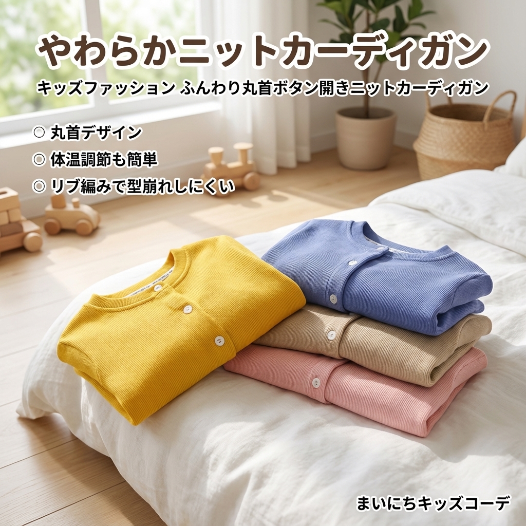 キッズファッション ふんわり丸首ボタン開きニットカーディガン - 商品イメージ