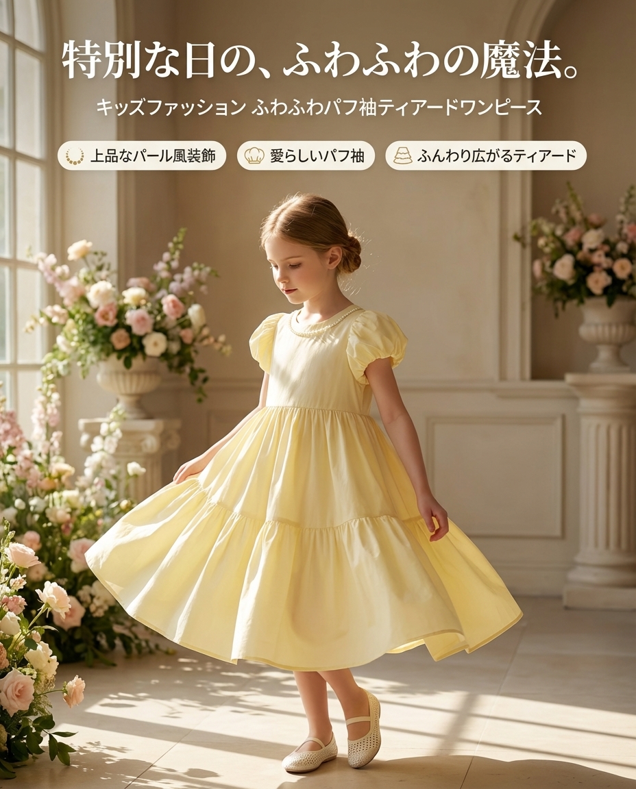 キッズファッション ふわふわパフ袖ティアードワンピース - 商品イメージ