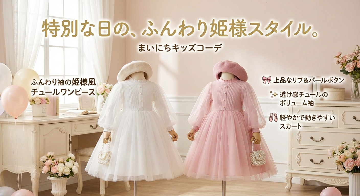 キッズファッション ふんわり袖の姫様風チュールワンピース - 商品イメージ