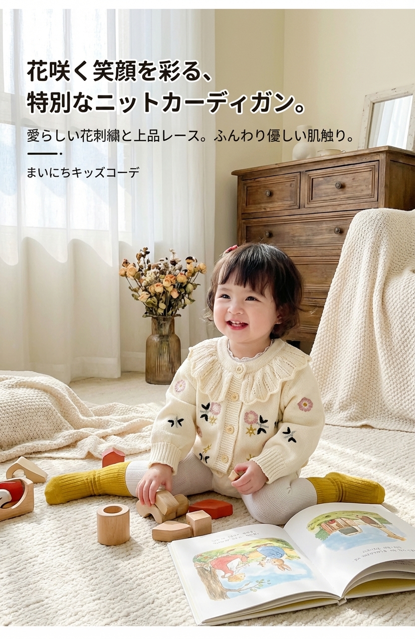 キッズファッション 花刺繍レース襟付きニットカーディガン - 商品イメージ