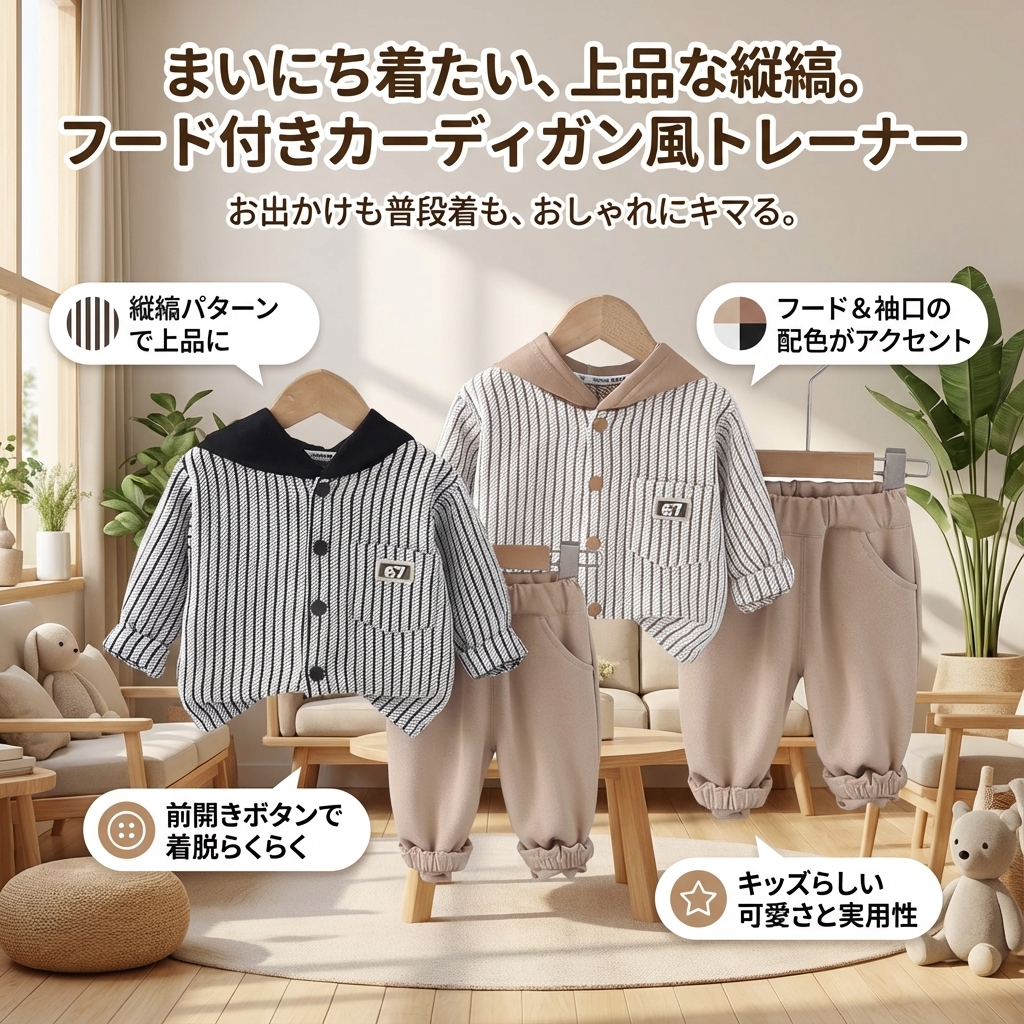キッズファッション 縦縞模様のフード付きカーディガン風トレーナー - 商品イメージ