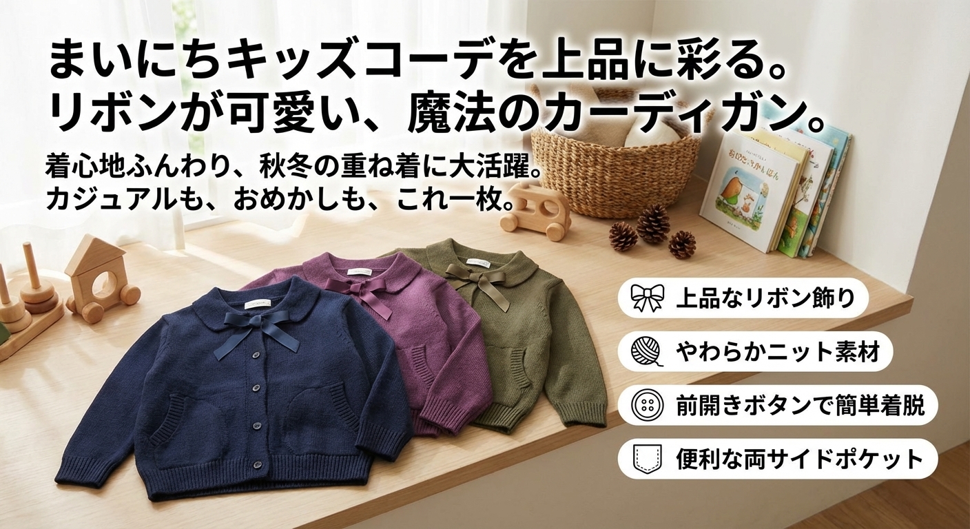 キッズファッション 襟付きリボン飾り長袖ニットカーディガン - 商品イメージ