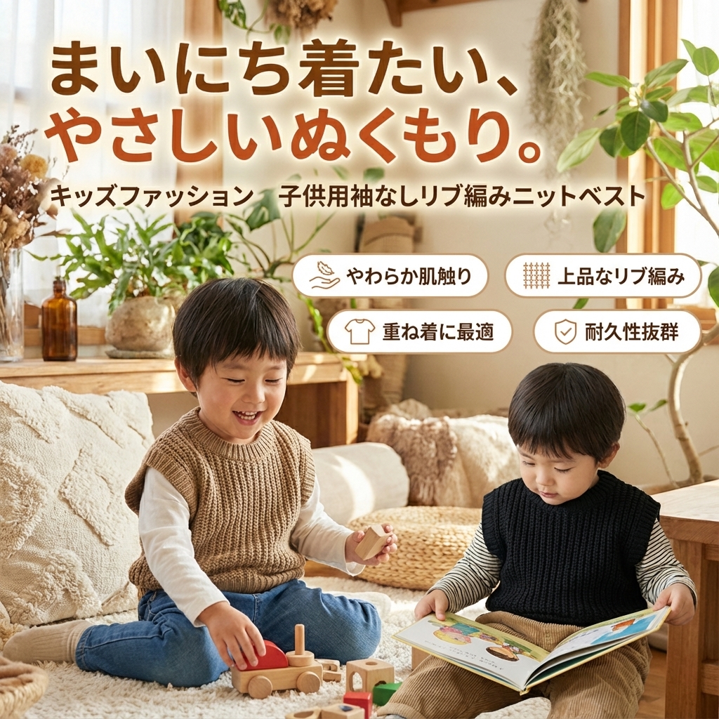 キッズファッション 子供用袖なしリブ編みニットベスト - 商品イメージ