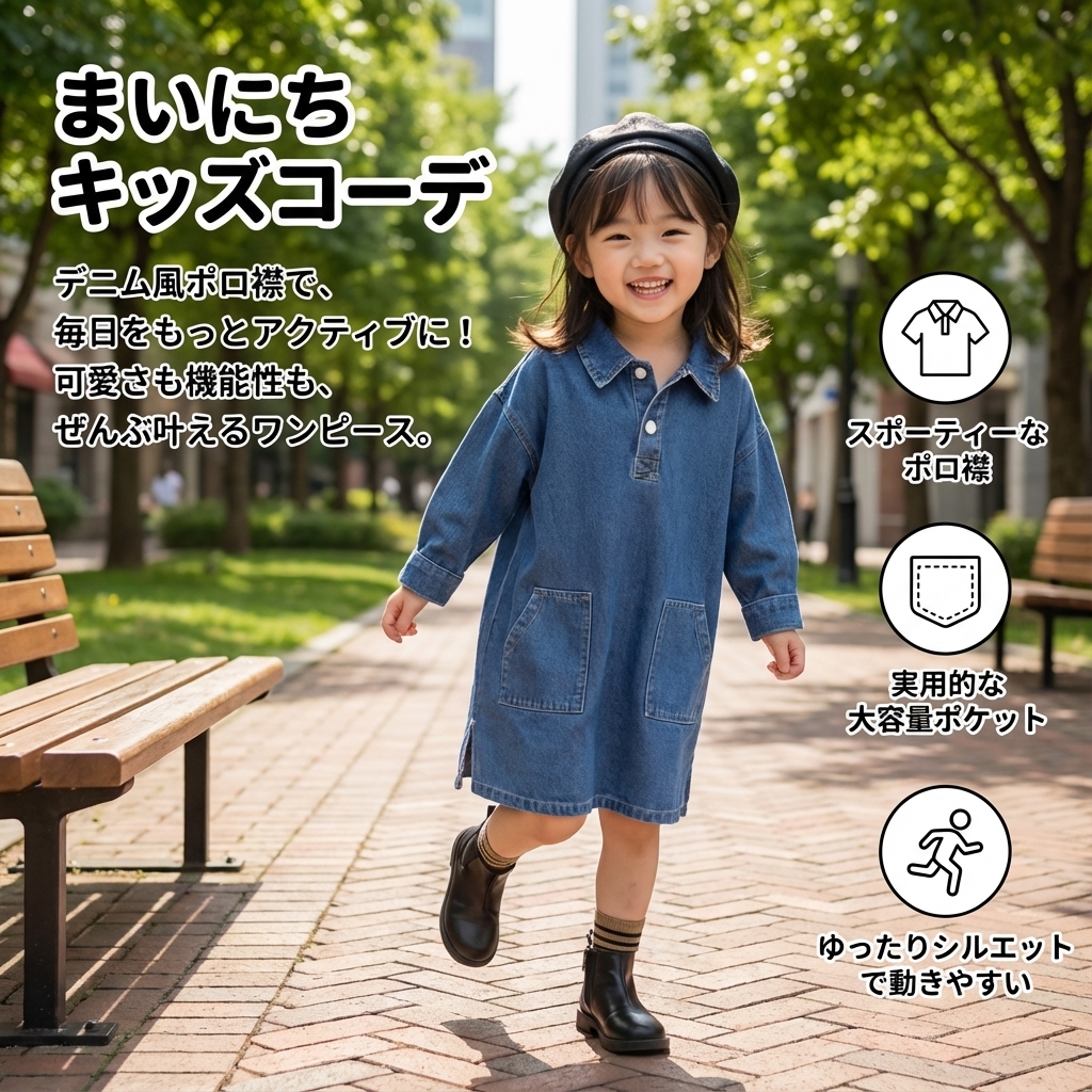 キッズファッション デニム風ポロ襟長袖ワンピース - 商品イメージ