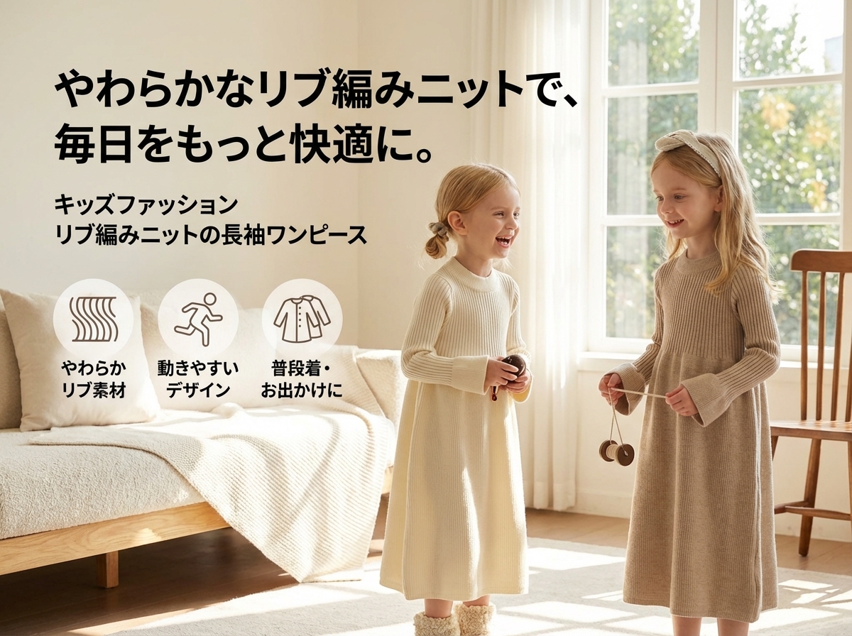 キッズファッション リブ編みニットの長袖ワンピース - 商品イメージ