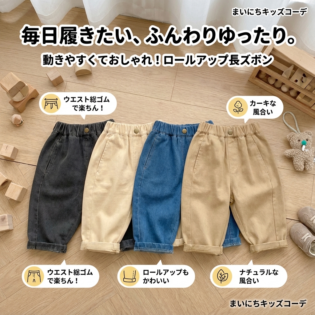 キッズファッション ふんわりゆったりロールアップ長ズボン - カラーバリエーション