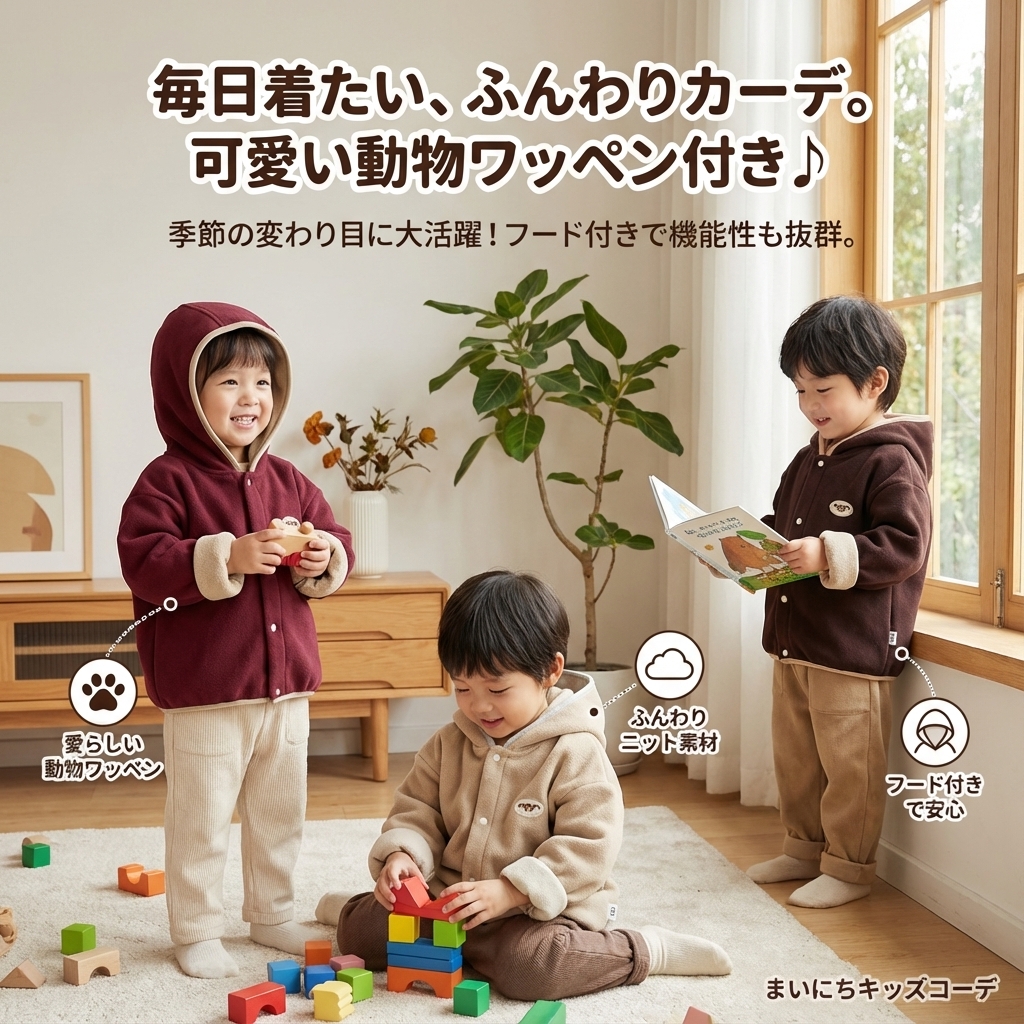 キッズファッション 子ども向け可愛い動物ワッペン付きフード付きニットカーディガン - 商品イメージ