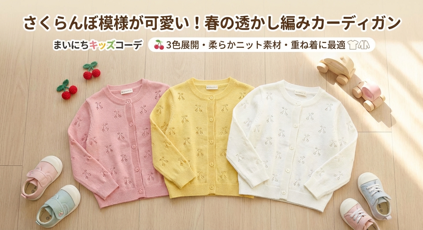 キッズファッション さくらんぼ模様の透かし編み丸首カーディガン - 商品概要