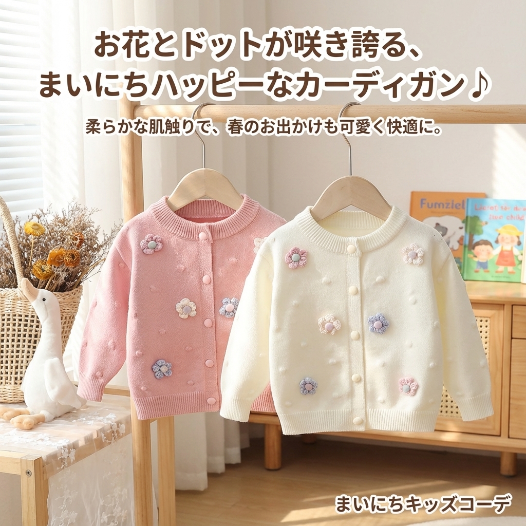 キッズファッション お花とドット刺繍の可愛らしいカーディガン - 商品イメージ